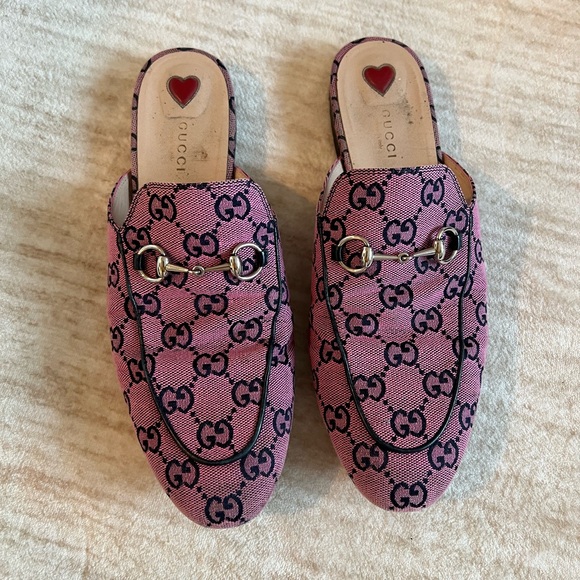 Gucci Shoes - Gucci Princeton open back slides Canvas Horsebit Loafers Mules used sz 41